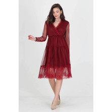 Neseli Butik Kruvaze Yaka Eteği Güpür Detaylı Yeni Sezon Elbise NB0010