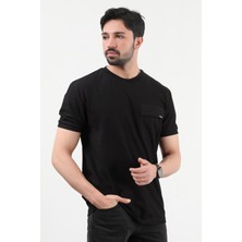 Erkek Bisiklet Yaka Süs Cep Detaylı Dokulu T-Shirt Siyah - 25Y 2351