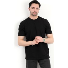Erkek Bisiklet Yaka Dokulu %100 Pamuklu T-Shirt Siyah - 25Y 2923
