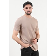 Erkek Bisiklet Yaka Waffle Kumaş Dokulu T-Shirt Vizon - 2709