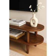 Kayın Masif Ahşap Oval Tv Ünitesi -160 x 38 cm  – Modern 2 Katlı Raflı Tasarım Masif Tv Ünitesi