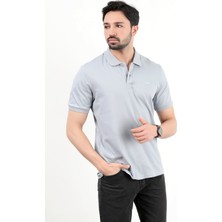 Erkek Polo Yaka Marka Baskılı Pamuklu T-Shirt Açık Gri - 25Y 2061