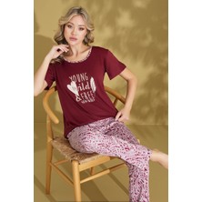 Kadın Desenli Bisiklet Yaka Düğmesiz Pamuklu Yazlık Kısa Kol Pijama Takımı