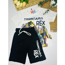 T-Rex Desenli Erkek Çocuk Tişört & Şort Siyah Alt Üst Takım – Yazlık Dinazor Takımı