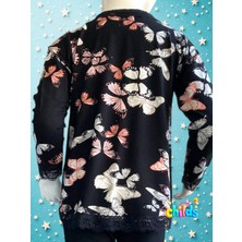 Uzun Kol Ince Mevsimlik Kelebek Baskılı T-Shirt Bol Paça Krep Tayt Kız Çocuk Takım