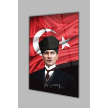 Atatürk Portre ve Türk Bayrağı Dikey Cam Tablo, Modern Duvar Dekoru , Kurum Ofis Iş Hediyelik Tablo
