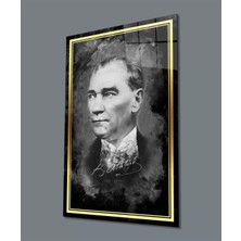 Şerit Atatürk Portresi Siyah Beyaz Cam Tablo, Uv Baskılı ve Temperli, Hediyelik