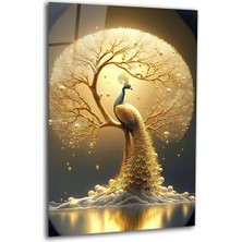 Shopping Haven Gold Tavus Kuşu Temperli Cam Tablo, Ev ve Ofis Duvar Dekoru Hediyelik Büyük Tablo Dayanıklı Cam