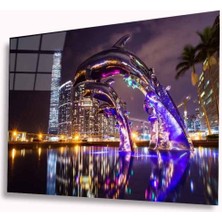 Shopping Haven Işıklı Yunuslar Cam Tablo 4mm Dayanıklı Temperli Cam