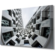 Shopping Haven Geometrik Siyah Beyaz Bina Cam Tablo, Ev ve Ofis Duvar Dekoru Hediyelik Büyük Tablo Dayanıklı Cam