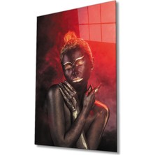 Shopping Haven Siyahi Altın Hatlı Kadın Kırmızı Dumanlı Cam Tablo, Ev ve Ofis Duvar Dekoru, Hediyelik Dayanıklı Cam