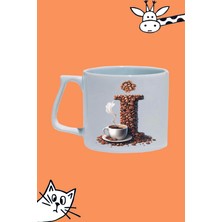 I Harf Kahve Desen Tasarım Baskılı Beyaz Lüks Sap Kupa Bardak