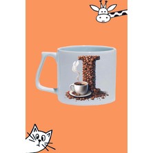 I Harf Kahve Desen Tasarım Baskılı Beyaz Lüks Sap Kupa Bardak