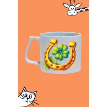 At Nal Şans Dört Yaprak Yonca Tasarım Baskılı Beyaz Lüks Sap Kupa Bardak