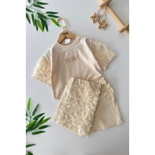 Miniğimin Cicileri Gül Desenli Bloom Baskılı Kız Çocuk Şort etekli takım - Krem