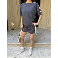 Osy Modal Yumuşak Dokulu Kumaş Kadın Parçalı Bisiklet Yaka T-Shirt Mini Şortlu Etek Ikili Takım - Füme