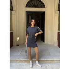 Osy Modal Yumuşak Dokulu Kumaş Kadın Parçalı Bisiklet Yaka T-Shirt Mini Şortlu Etek Ikili Takım - Füme