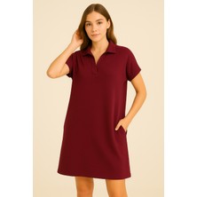 Kadın Cepli Polo Yaka Elbise Bordo