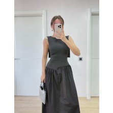 Gökyüzü Moda Arkası Kanatlı Uzun Elbise- Siyah