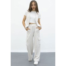 Krem Çizgili Düğmeli Yelekli Kargo Cepli Pantolonlu Kız Çocuk 2li Takım 21017