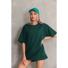 Grip&hug Unisex Bisiklet Yaka 20/1 Düz Oversize T-Shirt - Yeşil