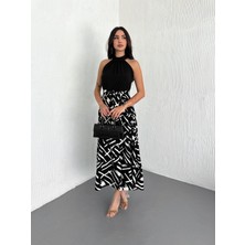 Halter Yaka Garnili Desenli Uzun Elbise