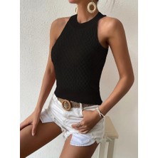 Gökyüzü Moda Kadın Kolsuz Halter Yaka Mini Baklava Desenli Triko Bluz