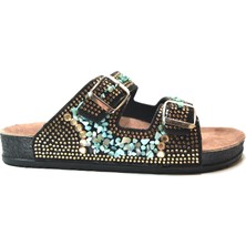 Onlo Ayakkabı ARYN.071 Siyah Ortopedik Taşlı Tokalı Kadın Terlik