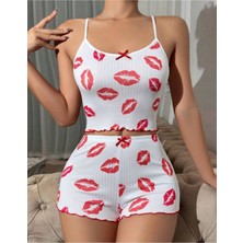 Desenli Ince Askı Kadın Şortlu Pijama Takım