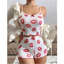 Desenli Ince Askı Kadın Şortlu Pijama Takım