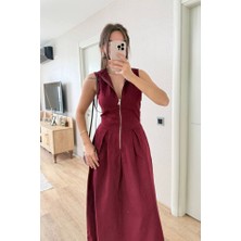 Grip&hug Dik Yuvarlak Yaka Önden Fermuarlı Sifir Kol Beli Oturtmalı Kolsuz Cepli Çan Etekli Uzun Elbise - Bordo