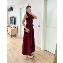 Grip&hug Dik Yuvarlak Yaka Önden Fermuarlı Sifir Kol Beli Oturtmalı Kolsuz Cepli Çan Etekli Uzun Elbise - Bordo