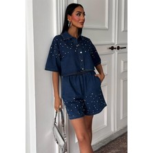 Gökyüzü Moda Taş Detaylı Gömlek Şort Denim Takım 10175