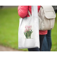 Akumastik Pembe Lale  Desenli Bez Çanta 35X40CM - Tote Bag- Çiçek Desenli Çanta