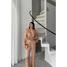 Grip&hug Jakarlı Bluzu Tasarım Detaylı Ceket-Pantolon-Bluz 3 Lü Takım - Bej