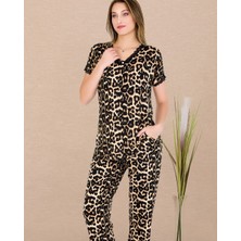 Lady Leopar Desenli Pijama Düğmeli Üst Kısa Kollu Pijama Takımı 12482