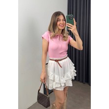 Toz Pembe Gömlek Yaka Fermuarlı Dikiş Detaylı Bluz