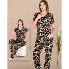 Lady Leopar Desenli Pijama Düğmeli Üst Kısa Kollu Pijama Takımı 12482