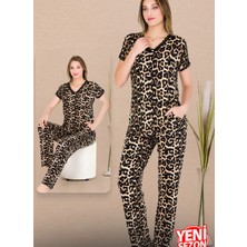 Lady Leopar Desenli Pijama Düğmeli Üst Kısa Kollu Pijama Takımı 12482