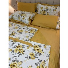 Biye ve Pat Detaylı Çiçekli Çift Taraflı %100 Pamuk Çift Kişilik Nevresim Takımı 6 Parça Set - Hardal