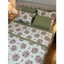 Biye ve Pat Detaylı Çiçekli Çift Taraflı %100 Pamuk Çift Kişilik Nevresim Takımı 4 Parça Set - Yeşil