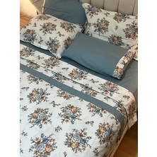 Biye ve Pat Detaylı Çiçek Desenli %100 Pamuk Çift Kişilik Nevresim Takımı 4 Parça Set - Indigo