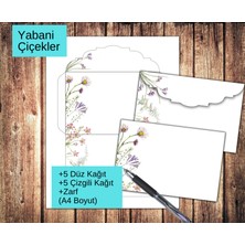 Yabani Çiçekler Zarflı Mektup Not Kağıdı, +5 Düz Kağıt +5 Çizgili Kağıt +Zarf (A4 Boyut)