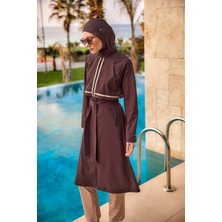  Kahverengi Tam Kapalı Tesettür Mayo Kuşaklı 4 Parça Takım M2533