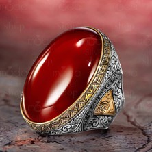 925 Ayar Gümüş Büyük Kasa Akik Taşlı Tuğralı Erkek Yüzük