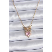 Yeni Xd Çelik Gold Zincir Pembe Kristal Kalp Model Zirkon Taşlı Kurdele Model Kadın Kolye Kampanyalı