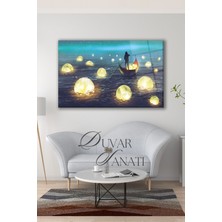 Shopping Haven Ay Toplayıcı, Kayık ve Deniz Manzarası Cam Tablo, Hediyelik, Ev Ofis Salon Büyük Duvar Dekoru