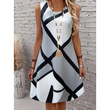 Gökyüzü Moda Kadın Askılı Yuvarlak Yaka Geometrik Desenli Kısa Süprem Elbise