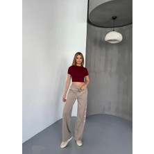 Gökyüzü Moda Osy Modal Yumuşak Dokulu Kumaş Nakış Işlemeli Rahat Bol Paça Eşofman Pantalon - Bej