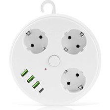 Vea 7in1 , Akım Korumalı Grup Priz, 3'lü, Anahtarlı, 3 Usb, 1 Type-C, 1.5 Metre Kablolu, Kablosu Toplanabilir Makaralı, 850 Derece Isıya Dayanıklı